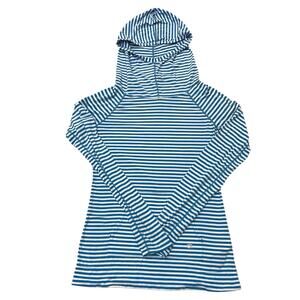 GapFit XS Breathe Striped Hoodie Top Blue White Athleisure Gap Fit Running Cowl